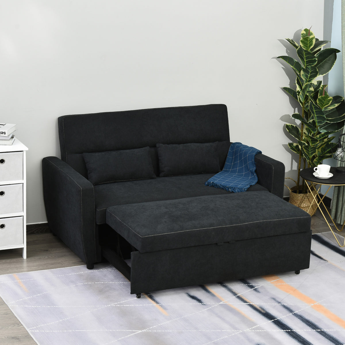 2-Sitzer Sofa mit Bettfunktion, Verstellbarer R¨¹ckenlehne, Polstersofa, Samtoptik, f¨¹r Wohnzimmer, Schlafzimmer, Schwarz