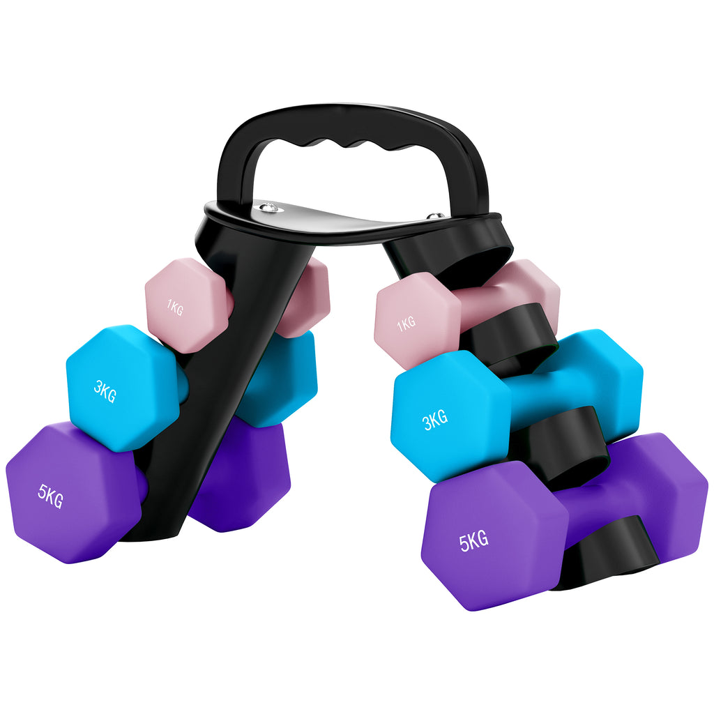 Dumbbells Set with Storage Rack, 2 x 1kg, 2 x 3kg, 2 x 5kg, Pink