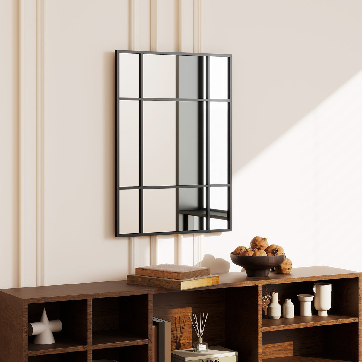 Wandspiegel, dekorativer Spiegel mit Metallrahmen, schwarze Streifen, Mehrschichtglas, 50B x 2T x 70H cm