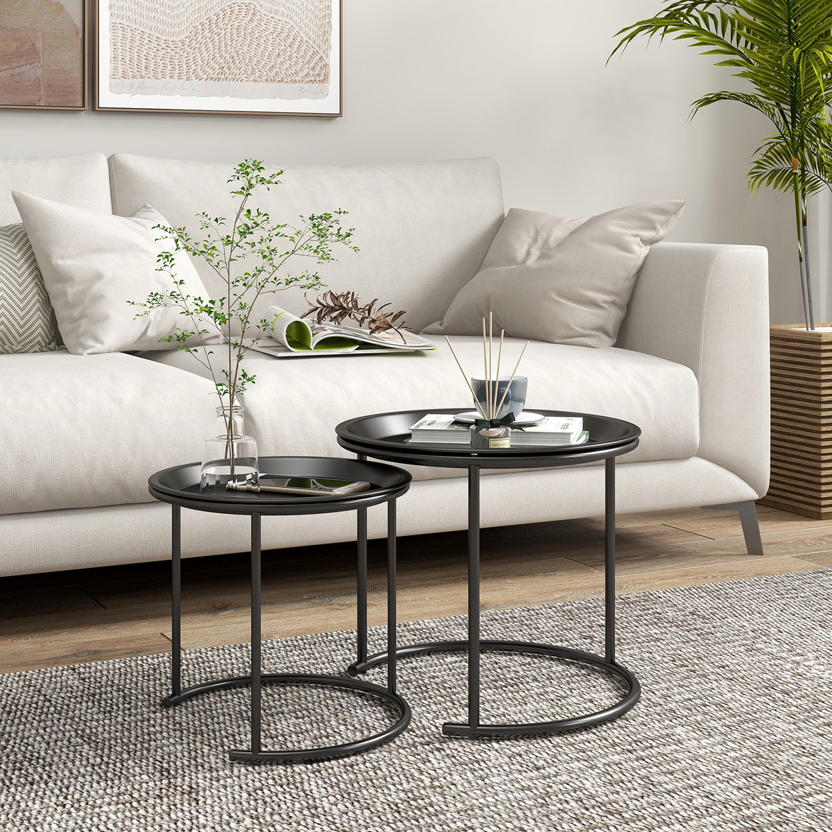 Nesting Tables Set of 2, Side End Table with Removable Tabletop Tray and Steel Frame for Living Room, Bedroom, Black