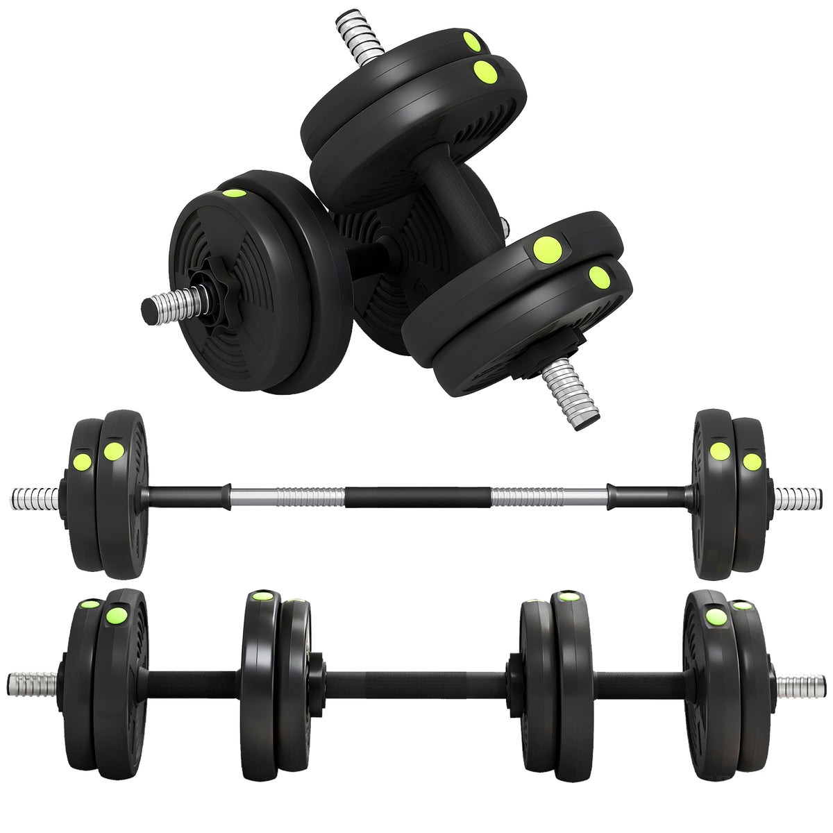 Adjustable Weight Barbell & Dumbbells Set Free Weights Strength Muscle Exercise Home Gym Training, Black and Green