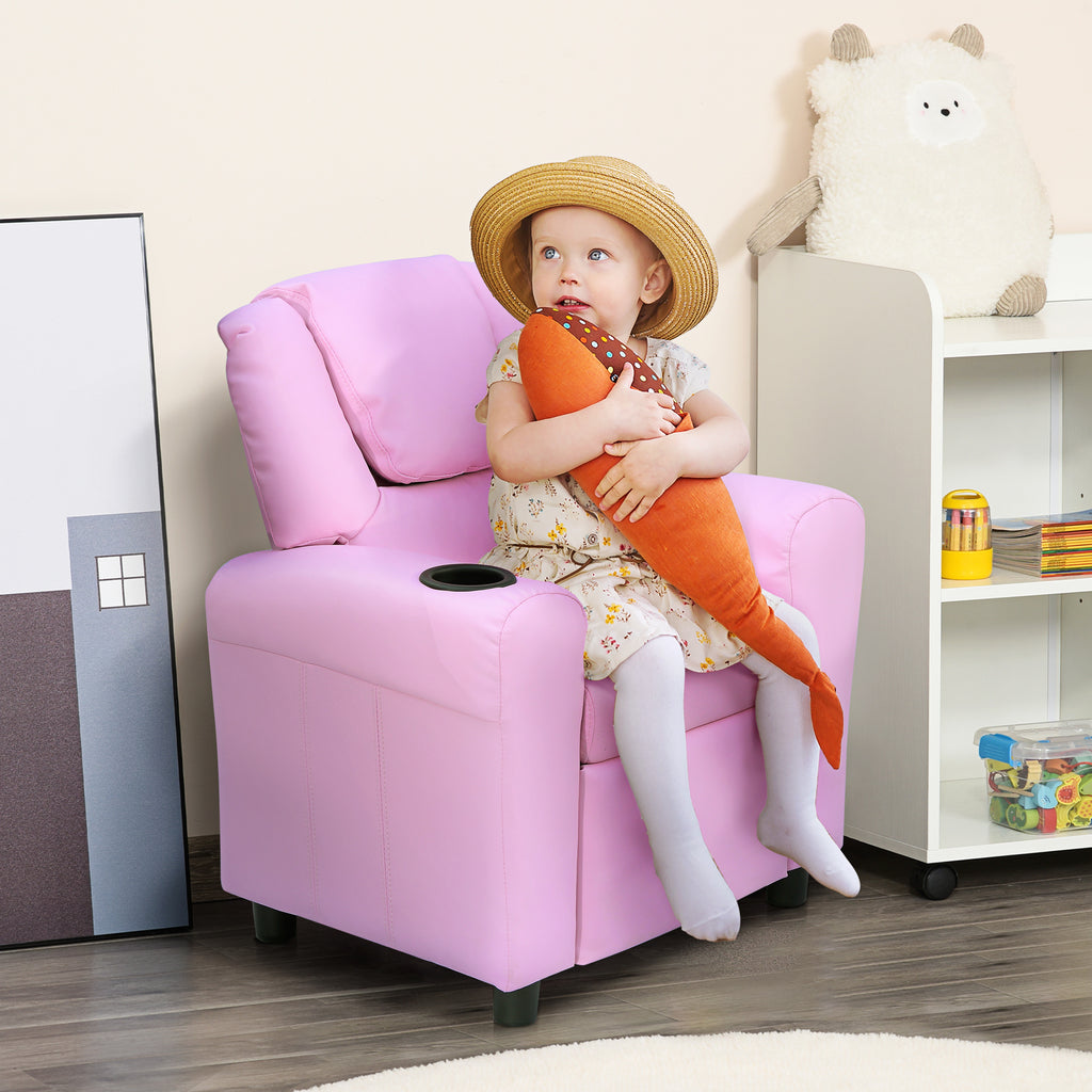 Kids Recliner Chair, PU Leather with Adjustable Backrest, Footrest, Padded Headrest, Pink