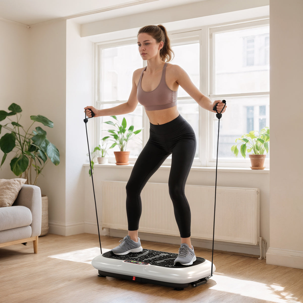 Vibrationsplatte mit 99 Stufen, 2 Fitnessbändern 73 x 40 x 13cm Weiß+Schwarz