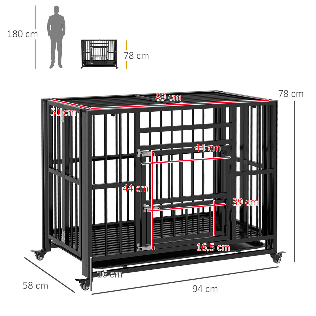  37" Heavy Duty Dog Crate, Foldable Dog Cage, with Openable Top, Locks, Removable Tray, Wheels - Black