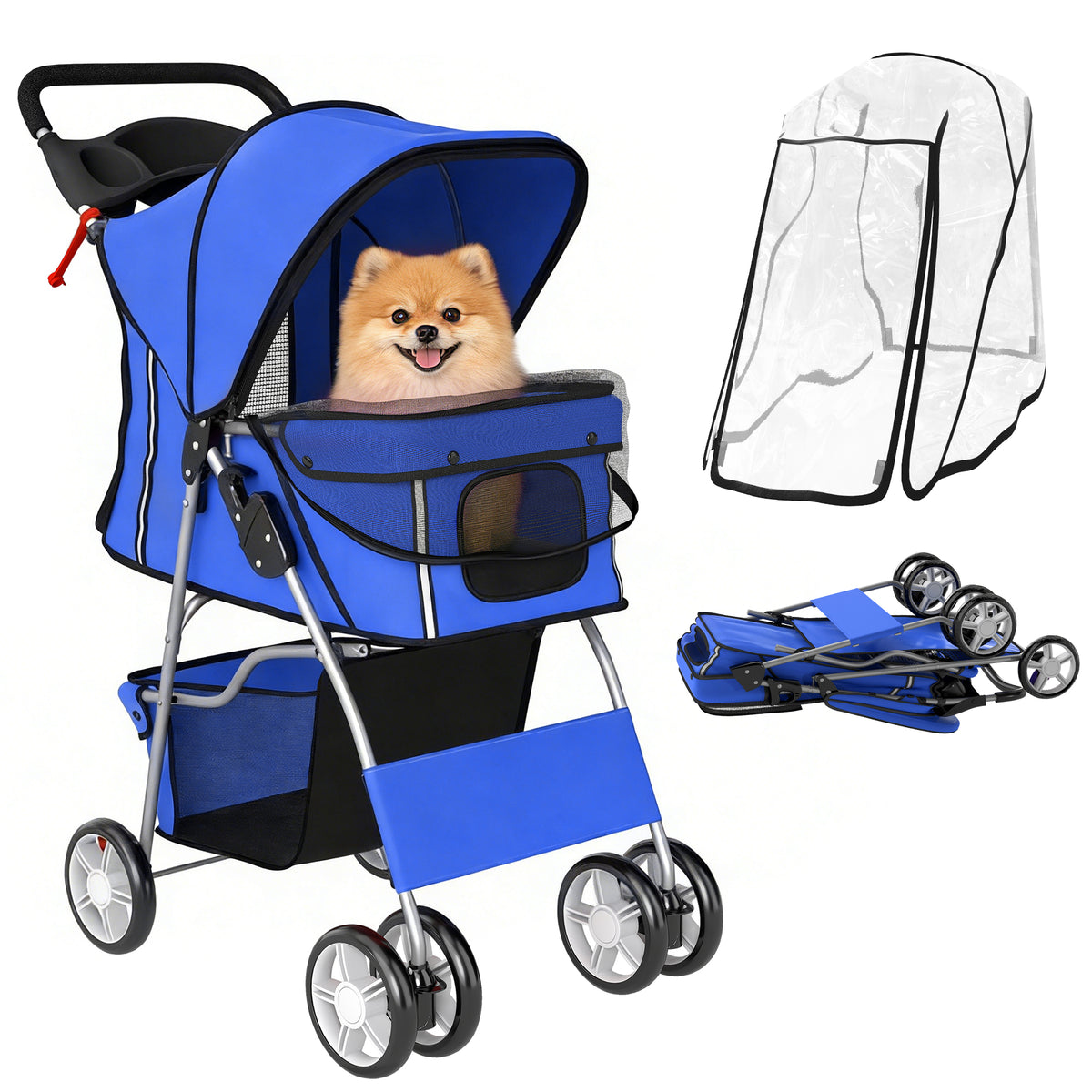 Hundewagen Hundebuggy Faltbar Katzenwagen bis 10kg mit Regenschutz Reflektorstreifen Aufbewahrungskorb 77x44x102cm Blau