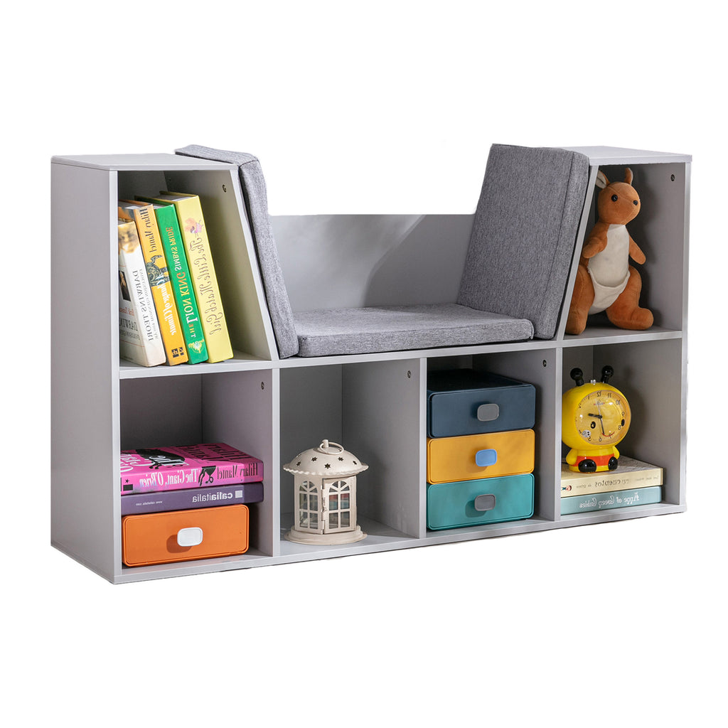 2-in-1 Kinderregal Regal + Sitzbank inkl. Polster 103 cm × 30 cm × 62 cm Weiß + Grau