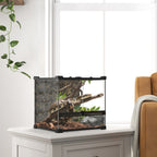 Reptile Glass Terrarium with Stone Background, Front Ventilation, Escape-Proof Knob Lock, 30 x 30 x 30 cm, Black