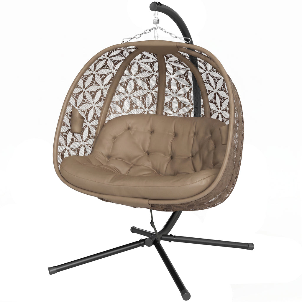 Outdoor Double Hanging Chair with Cushion and Cup Holders, Sand Brown