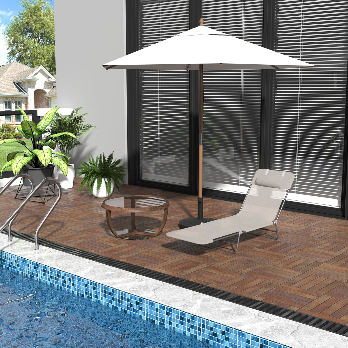 Folding Sun Lounger, Texteline Reclining Sun Bed with 5 Position Adjustable Backrest, Headrest, Beige