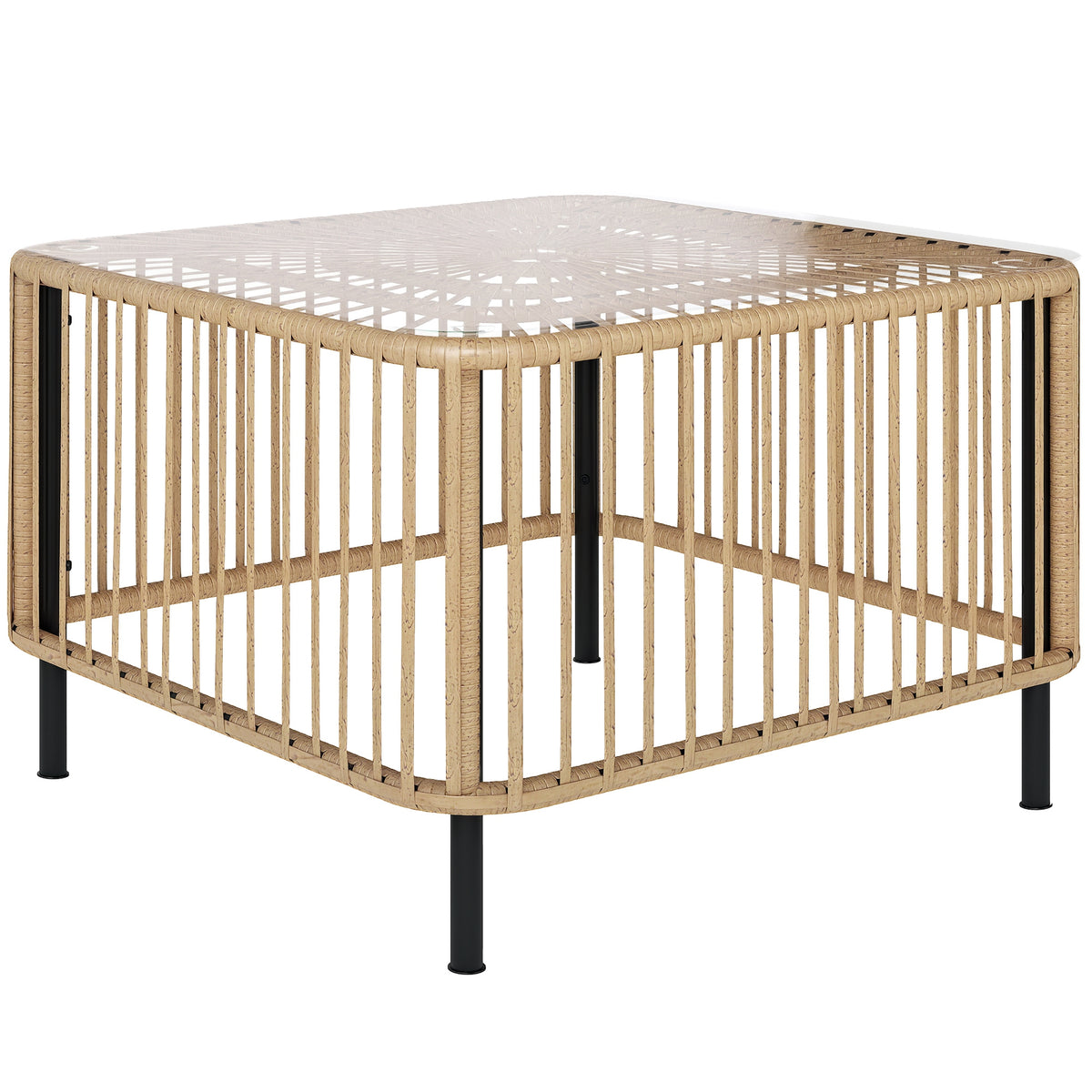 Polyrattan Gartentisch, 65 x 65 x 43 cm, wetterfest Beistelltisch quadrarisch mit Glasplatte Naturholz