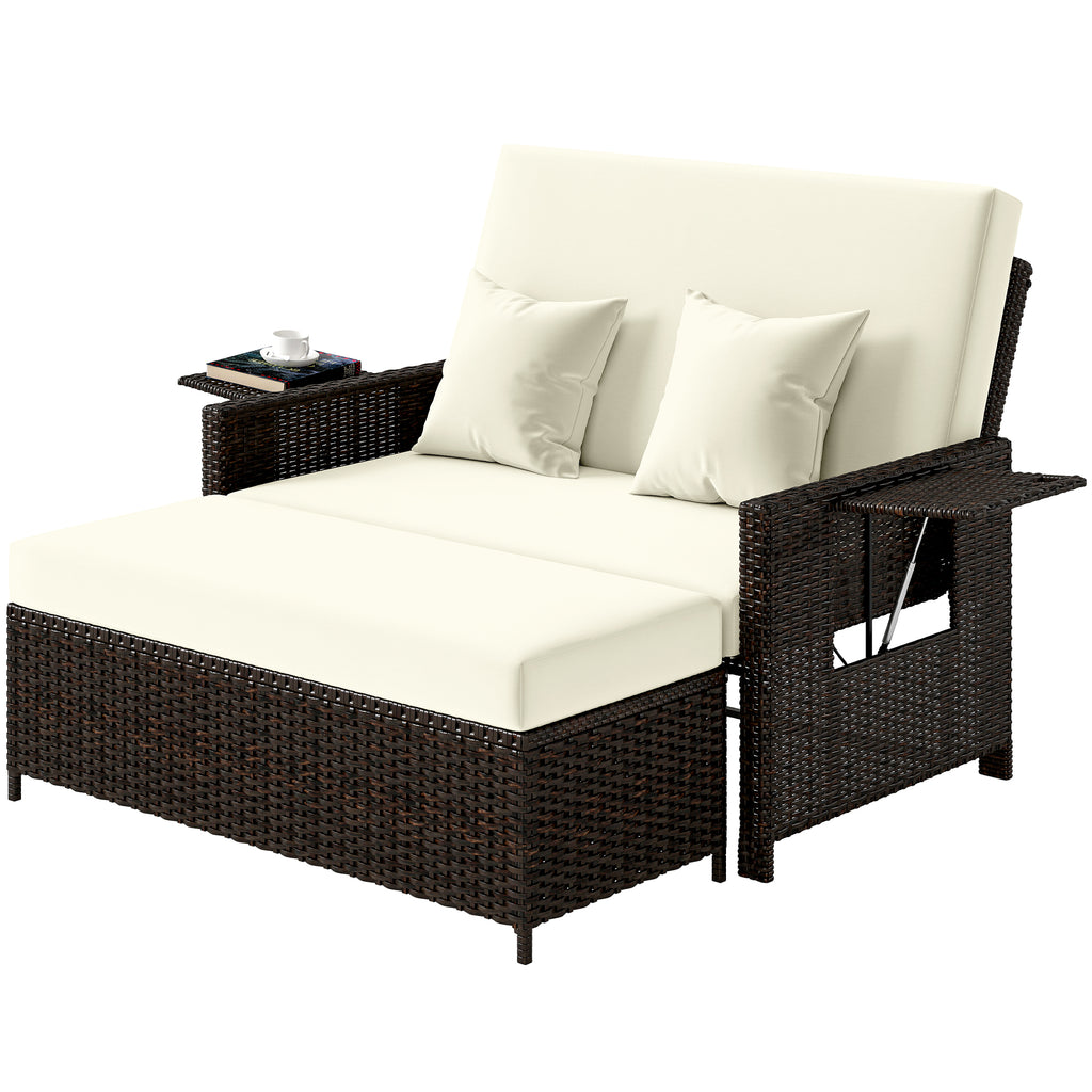 Gartensofa mit Liegefunktion, ausfahrbare Fußbank mit Stauraum, Sitzkissen, braun+creme, 130 x 72 x 96 cm