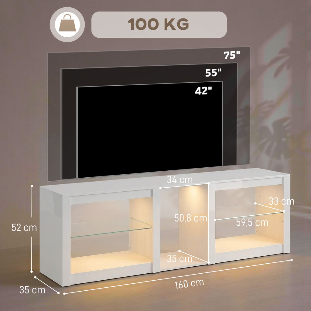 TV-Lowboard mit RGB-LED-Beleuchtung, Modernes TV-Möbel mit verstellbaren Glasböden, für Fernseher bis 75 Zoll, Weiß