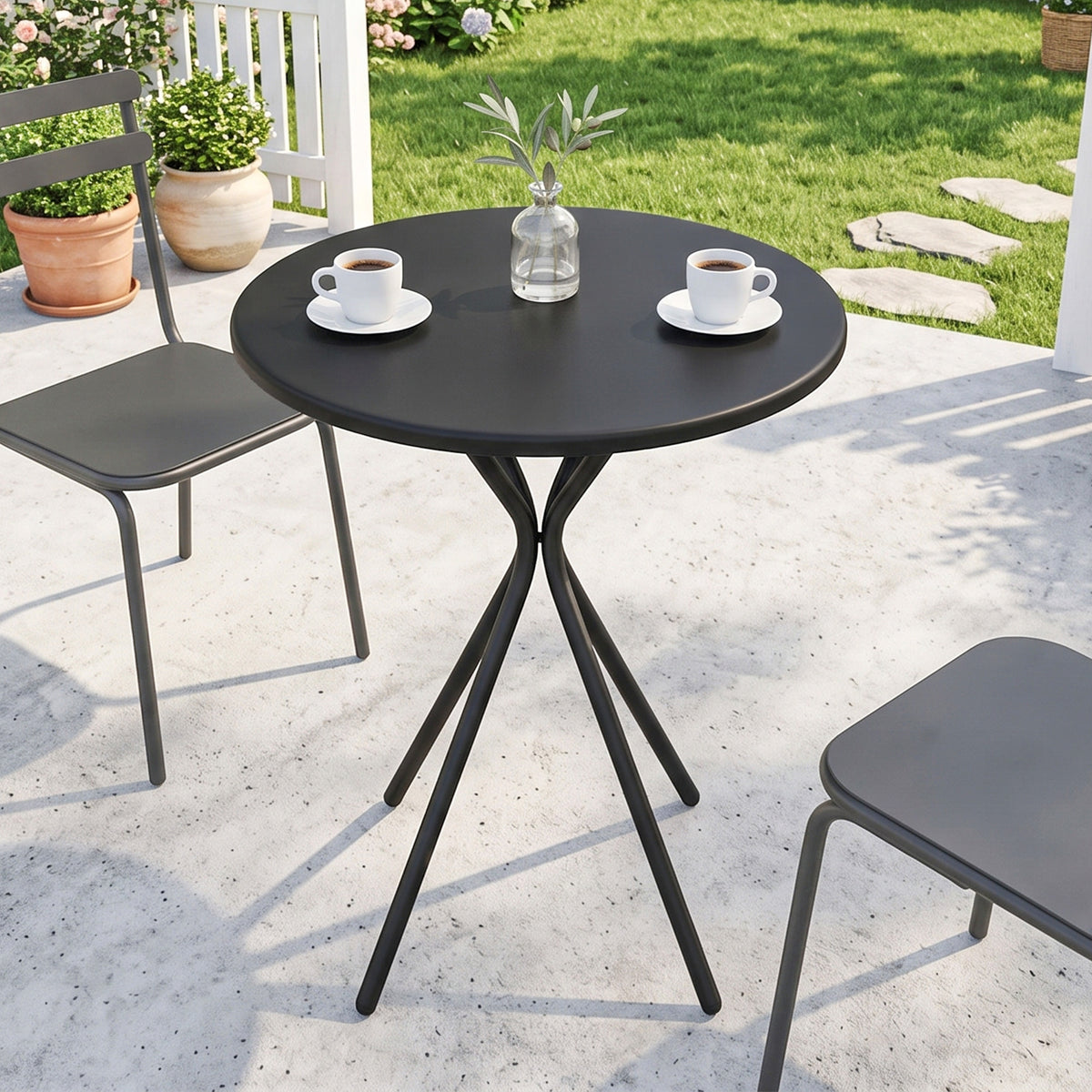 Gartentisch Ø60 x 70 cm, Wetterfest Balkontisch aus Stahl, Runder Esstisch mit Fußpolster Schwarz