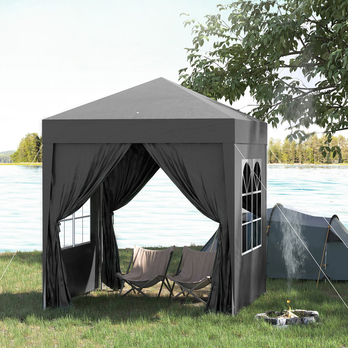 Faltpavillon, Bierzelt, 4 abnehmbare Seitenwände, 2 Fenster, Metallrahmen, 2 x 2m, Schwarz