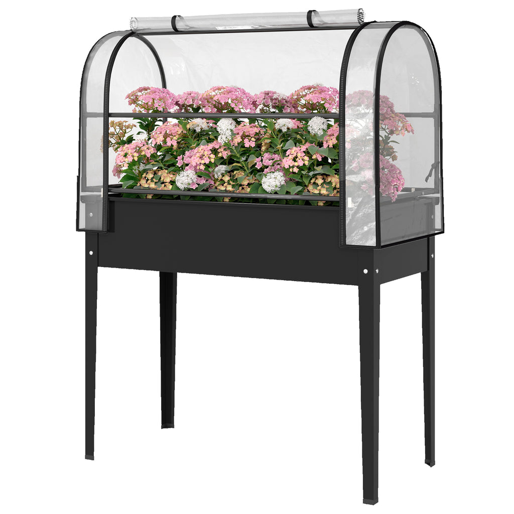 Raised Planter with Flip-Up Greenhouse Cover, Metal Raised Garden Bed on Legs with Drainage Hole, Black