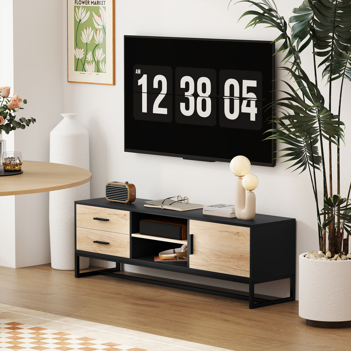TV-Schrank mit T¨¹r, 2 Schubladen, offene F?cher, verstellbares Regal, Schwarz
