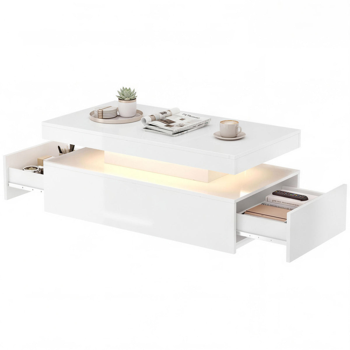 LED Couchtisch mit Stauraum, Moderner 2-Ebenen Wohnzimmertisch mit 2 Schubladen, Hochglanz Weiß