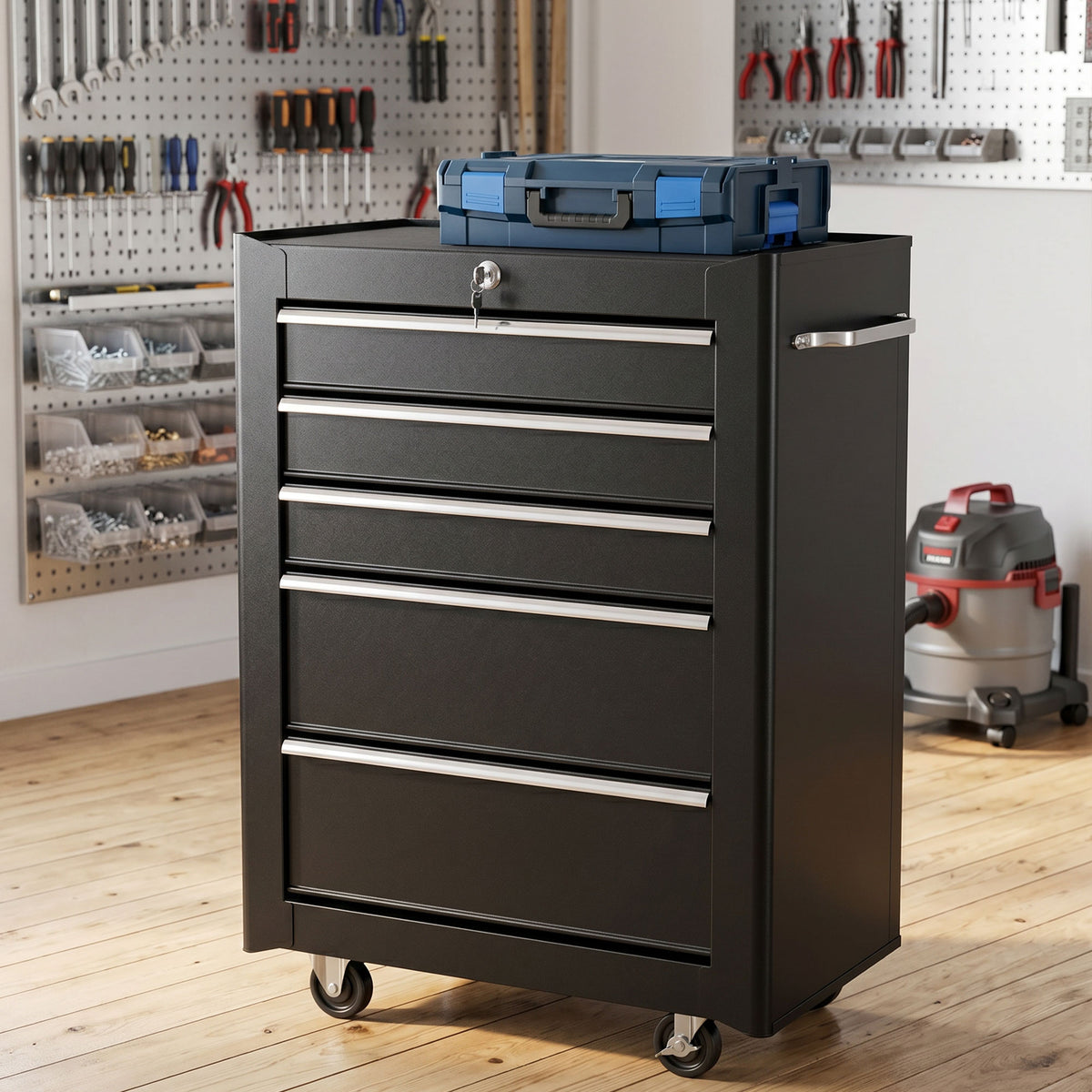 5-Drawer Tool Chest, Lockable Steel Tool Storage Cabinet with Wheels and Handle Tool Box for Garage, Workshop, Black