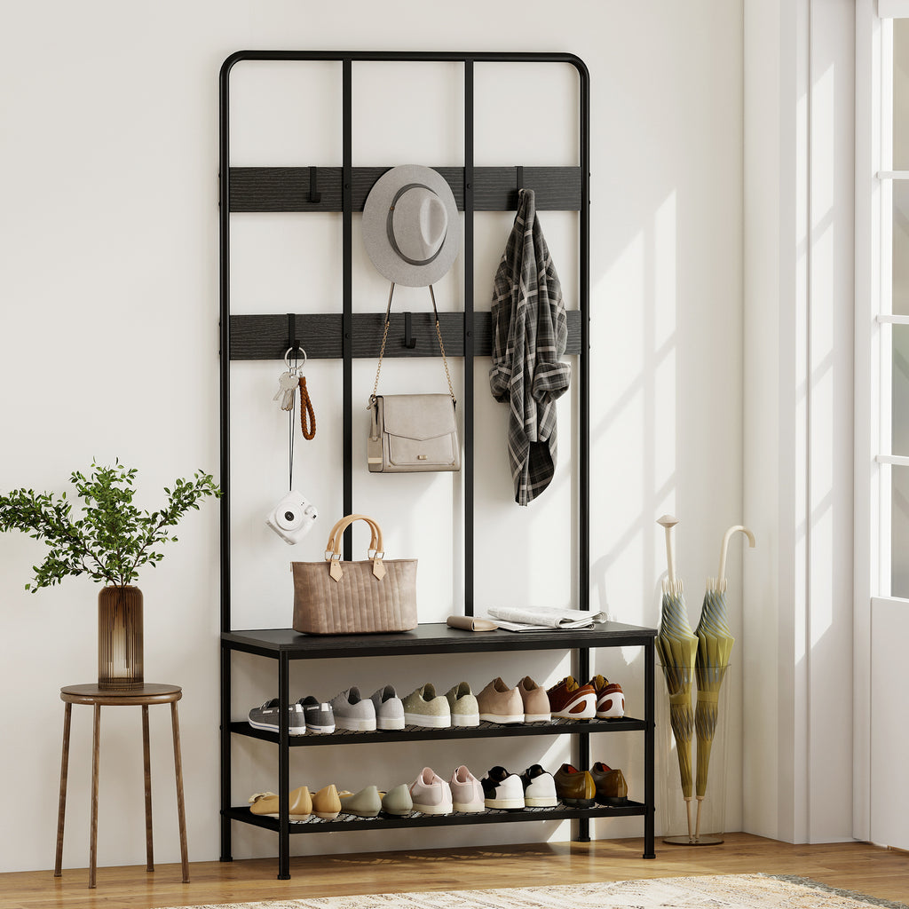 3-in-1 Garderobenständer, Kleiderhaken, Sitzbank, Schuhregal, Metall, Spanplatte, Schwarz