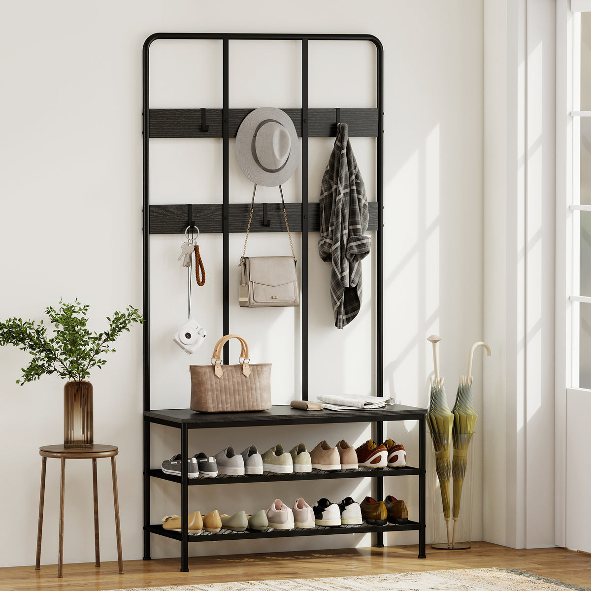 3-in-1 Garderobenständer, Kleiderhaken, Sitzbank, Schuhregal, Metall, Spanplatte, Schwarz
