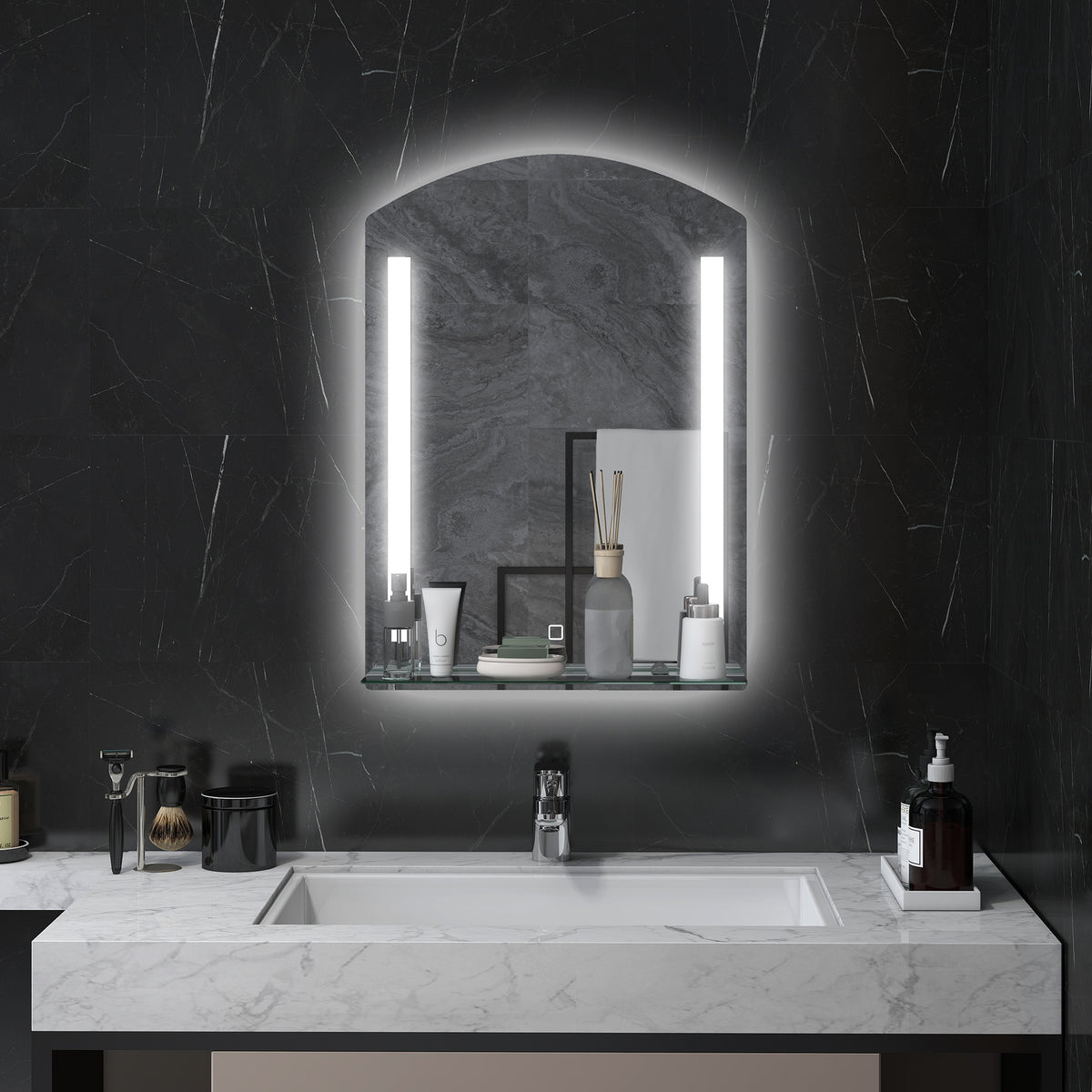 Badezimmerspiegel mit LED-Beleuchtung, elegant und hochwertig, Glas, Aluminium, Kunststoff, 50L x 12B x 70H cm