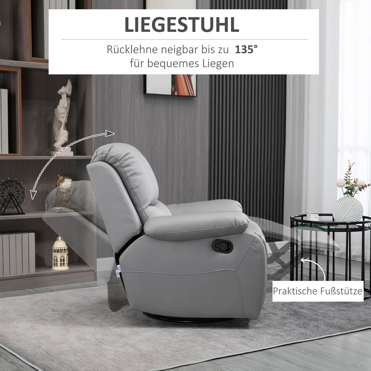  Relaxsessel, Liegesessel, neigbare Rücklehne, drehbar, Wippfunktion, mit Fußstütze, Stahl, grau, 93 x 100 x 98Hcm
