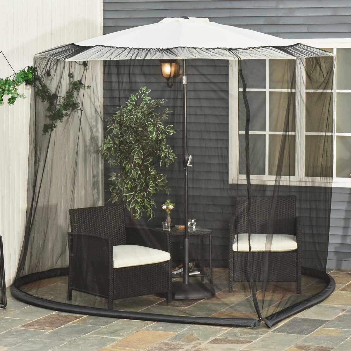 Outdoor Garden Umbrella Table Screen, 2.3 m Parasol Bug Mosquito Net Cover with Zipped Door, Patio Mosquito Netting Cover with Water Fillable Tube at Base, Black