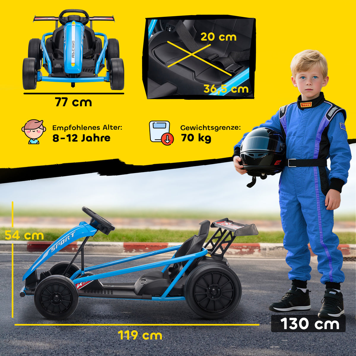 24V Elektro-Go-Kart zum Fahren und Driften, Nylon-Reifen, Sicherheitsgurt, Hupe, Musik f¨¹r 8-12 Jahre Blau
