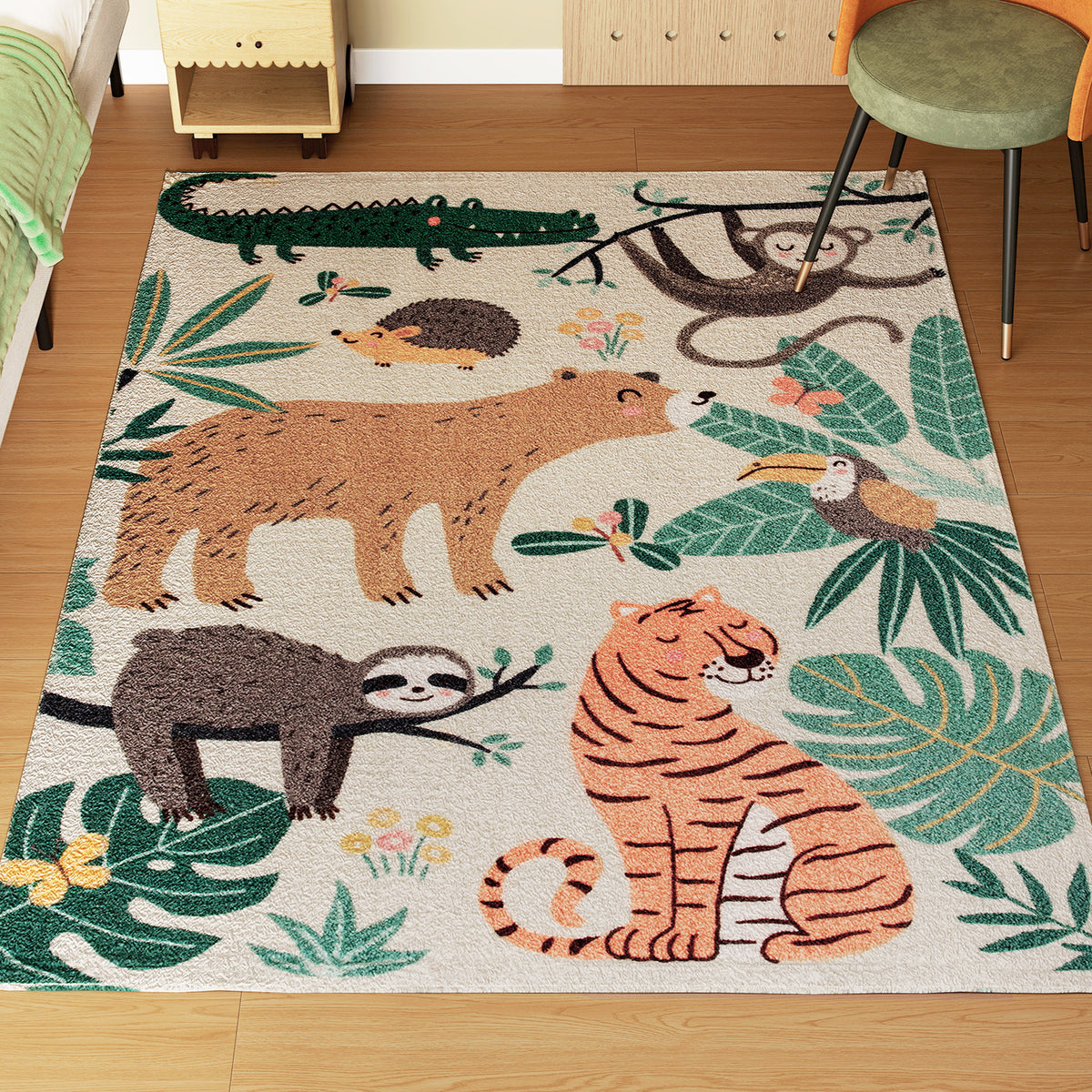 Fleece-Teppich mit Dschungel-Muster, pflegeleicht, Cremewei?+Bunt