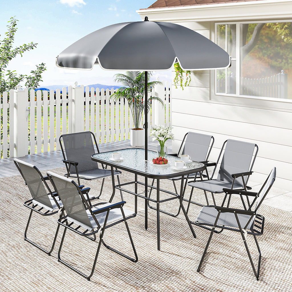 8 Piece Garden Dining Set with Umbrella, Garden Furniture Set with 6 Folding Chairs, Tempered Glass Table for Patio Grey
