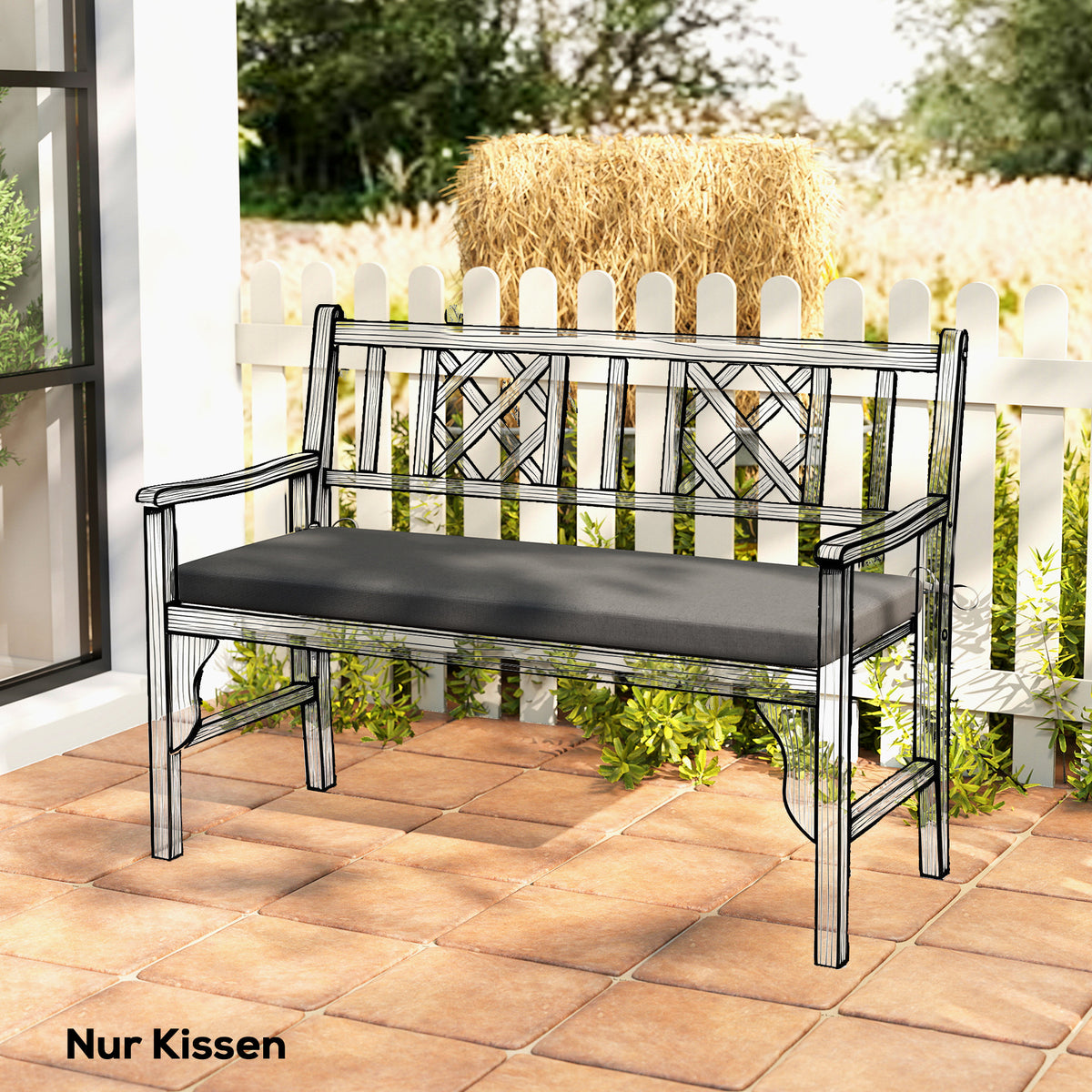Wasserabweisendes Bankkissen, Outdoor-Sitzpolster mit abnehmbarem Bezug und Befestigungsbändern für Garten und Terrasse, 110 x 46 cm, Dunkelgrau