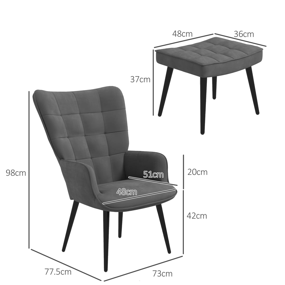 Relaxsessel mit Ottomane Sessel mit Fußhocker, 2-teiliges Set, Grau