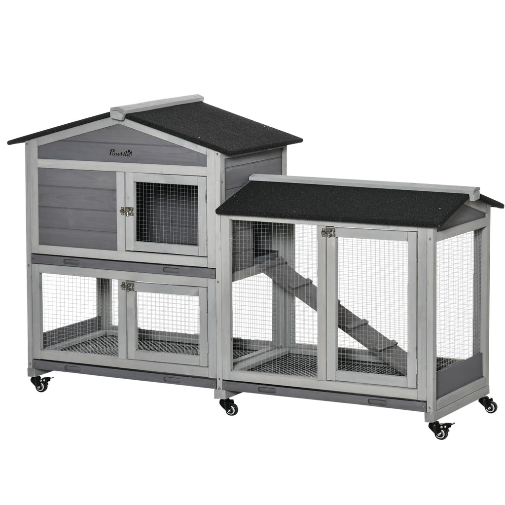 Wooden Rabbit Hutch, Guinea Pig Cage, with Wheels, Run, Slide-Out Tray, Ramp