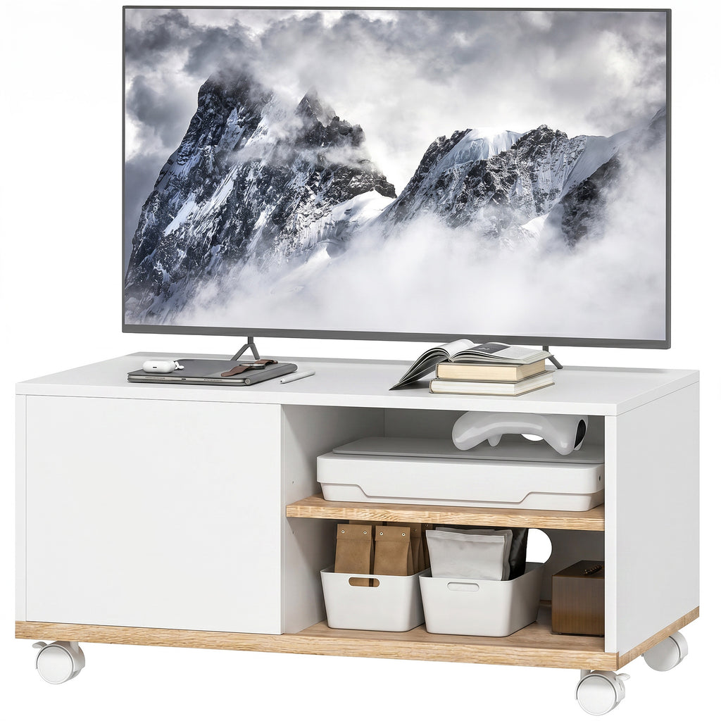 TV-Board auf Rollen mit Bremsen, TV-Möbel mit Schrank und verstellbarer Ablage, Weiß und Eiche