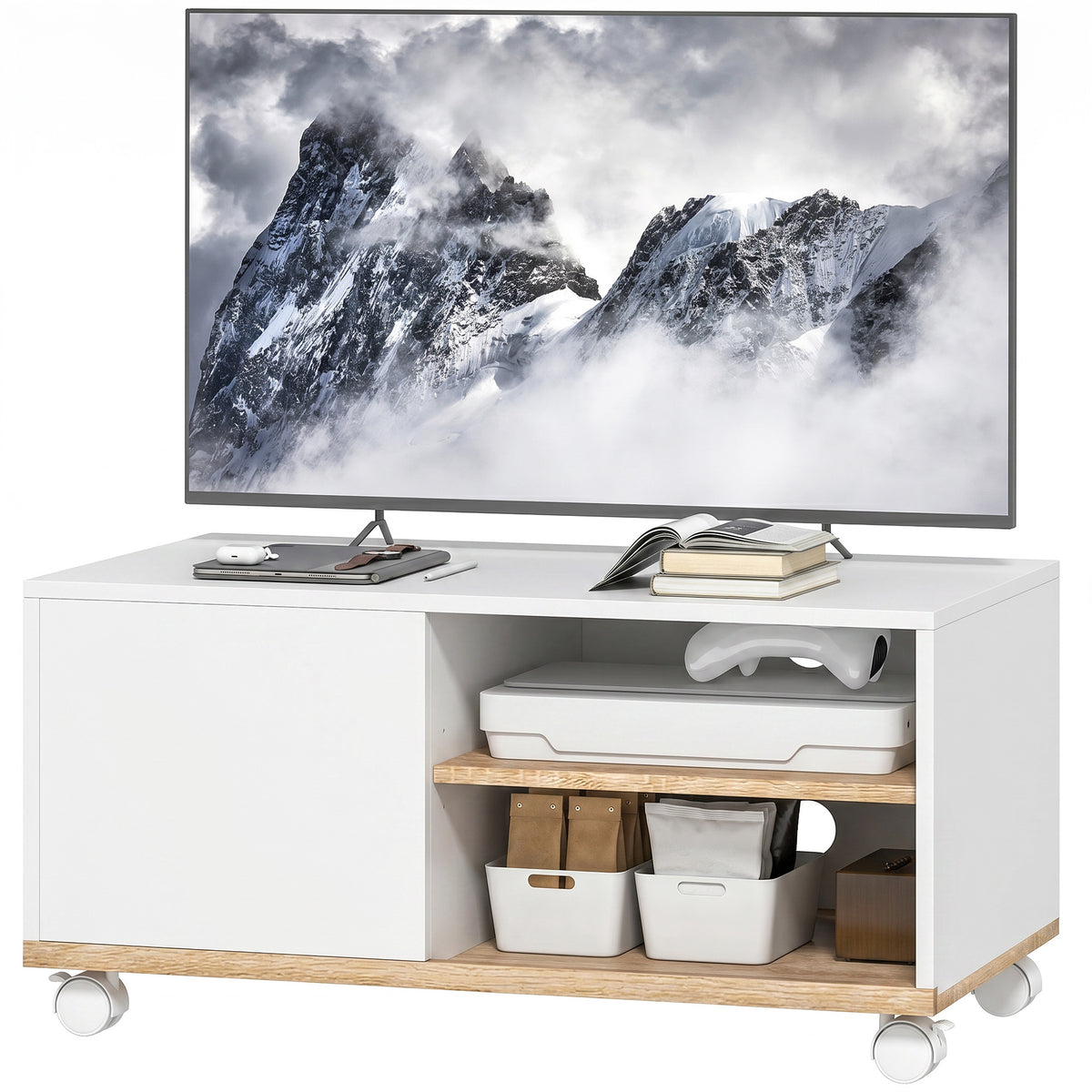 TV-Board auf Rollen mit Bremsen, TV-Möbel mit Schrank und verstellbarer Ablage, Weiß und Eiche