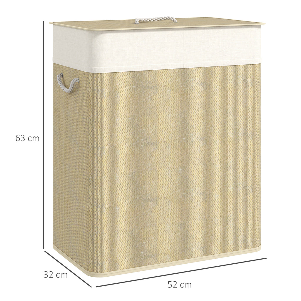 2 Section Laundry Basket with Lid, 100L Bamboo Laundry Hamper with Handles, Removable and Washable Liner, Cream White
