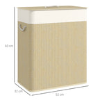 2 Section Laundry Basket with Lid, 100L Bamboo Laundry Hamper with Handles, Removable and Washable Liner, Cream White