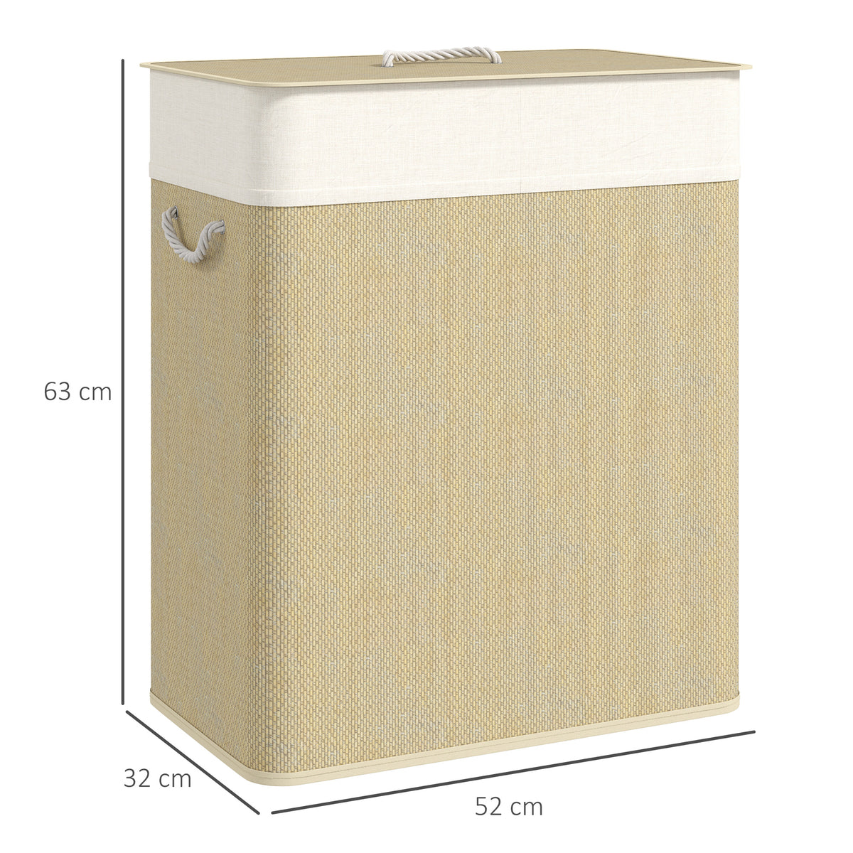 2 Section Laundry Basket with Lid, 100L Bamboo Laundry Hamper with Handles, Removable and Washable Liner, Cream White