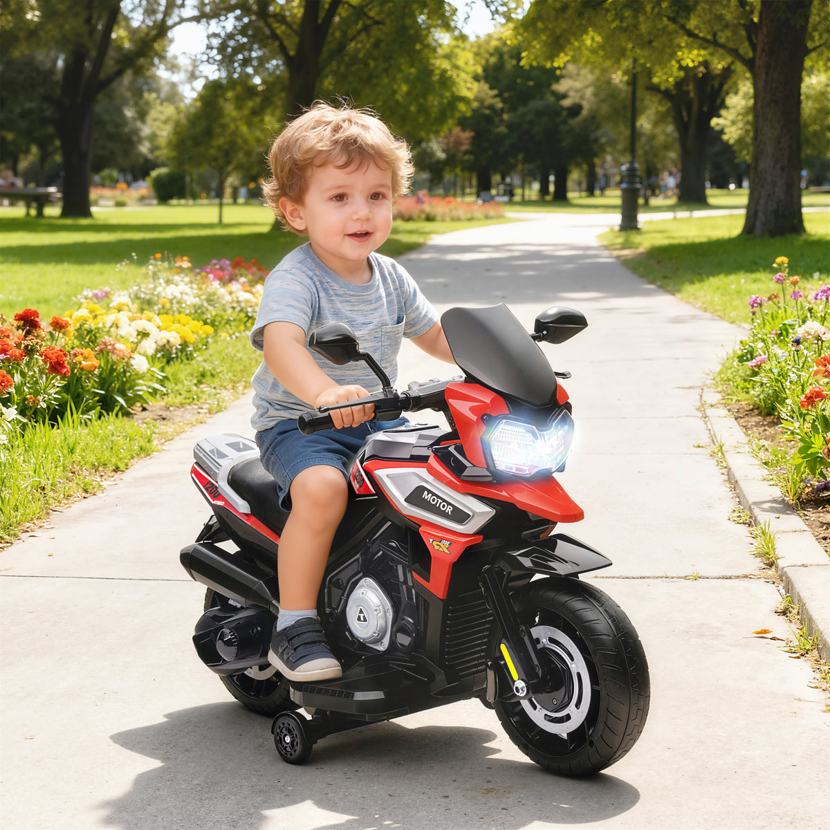 Elektro-Motorrad f¨¹r Kinder von 18-36 Monaten, Aufsitz-Fahrzeug, Hilfsr?der, Lichter, Musik, Kunststoff, Stahl, Rot