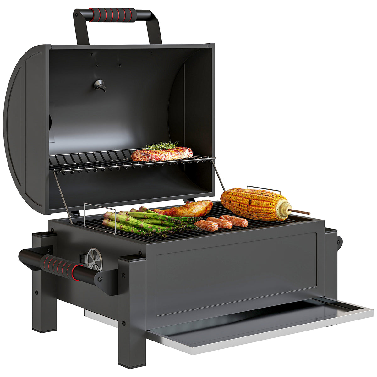 Kohlegrill mit Deckel, Warmhalterost, Aschefach, Thermometer, rostfrei, 67 x 53 x 55cm, Schwarz/Rot