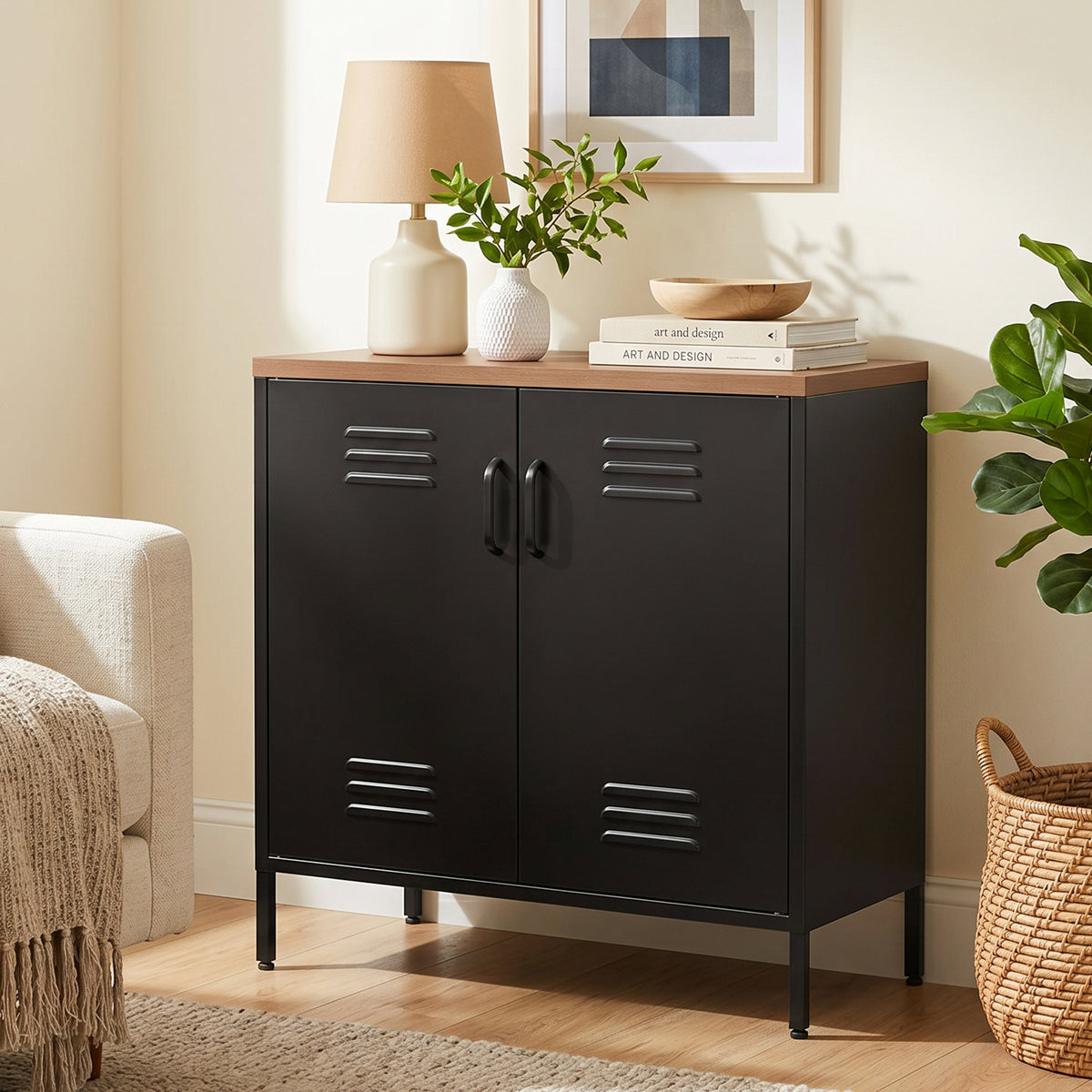 Stahl-Sideboard, 80x40x80 cm, Industrielles Aufbewahrungsschrank mit 2 Türen und verstellbarem Regal für Wohnzimmer, Büro, Schwarz