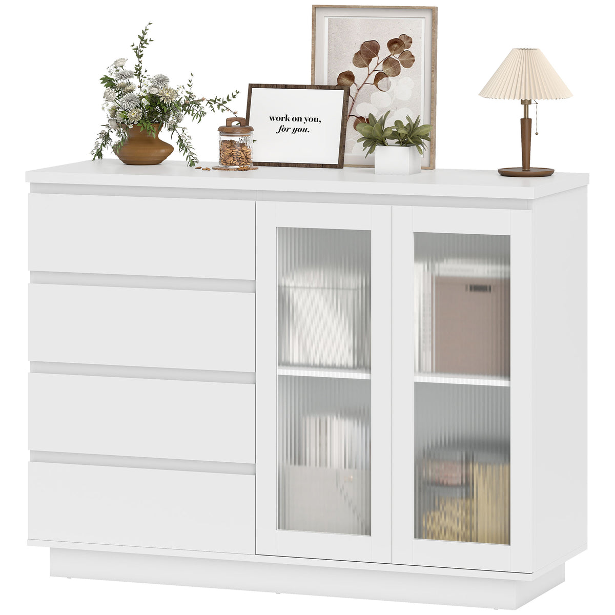 Buffetschrank, Sideboard mit 4 Schubladen, 2 Glast¨¹ren, modernes Design, MDF, Wei?