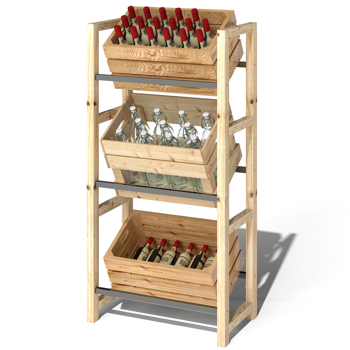 Getr?nkekistenregal f¨¹r 3 Getr?nkekisten Getr?nkeregal Holz Kistenregal mit 3 Ebenen 56 x 32 x 112 cm Naturholz