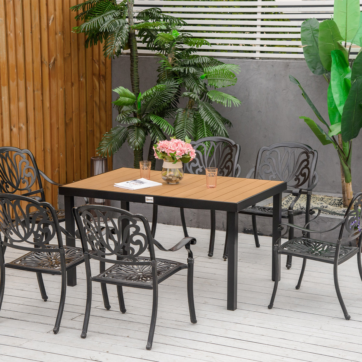 Gartentisch für 6 Personen Esstisch Aluminiumtisch Gartenmöbel Loungemöbel pflegeleicht Kunststoff Natur+Schwarz 140 x 90 x 74 cm