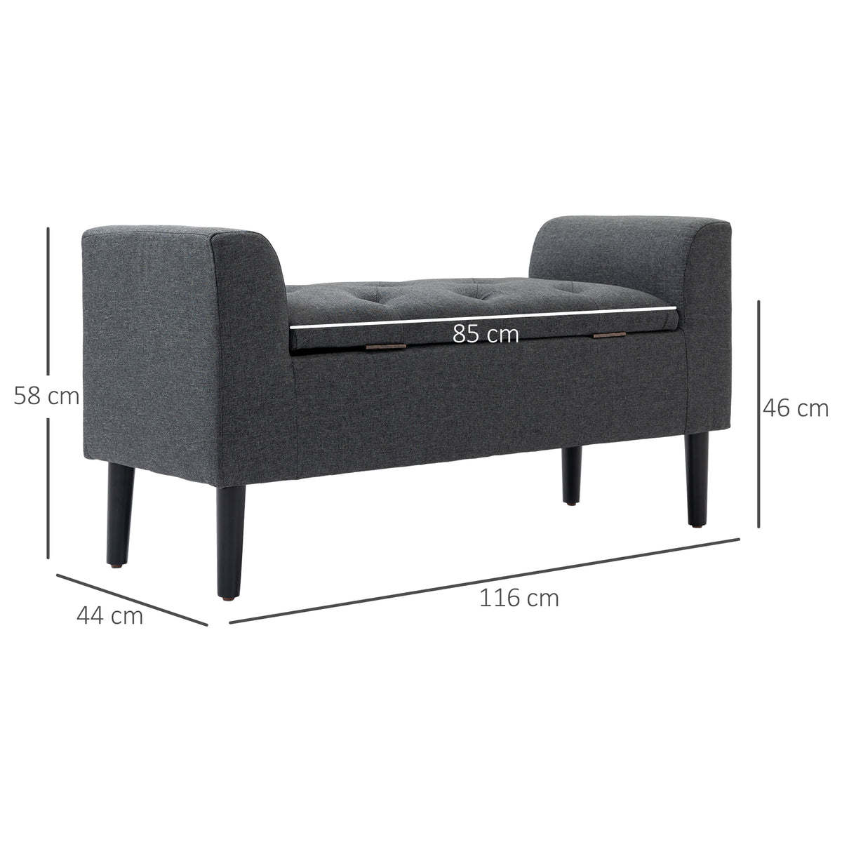 Sitzbank mit Stauraum, Polsterbank mit Leinenoptik, Holzbeine, Bettbank belastbar bis 130 kg, für Wohnzimmer Schlafzimmer Flur, 116 x 44 x 58 cm Dunkelgrau