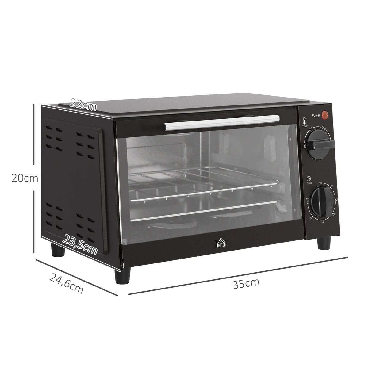 Mini-Backofen, 9 Liter Fassungsvermögen, Einstellbare Temperatur und Garzeit, mit Grillrost und Backblech, Schwarz