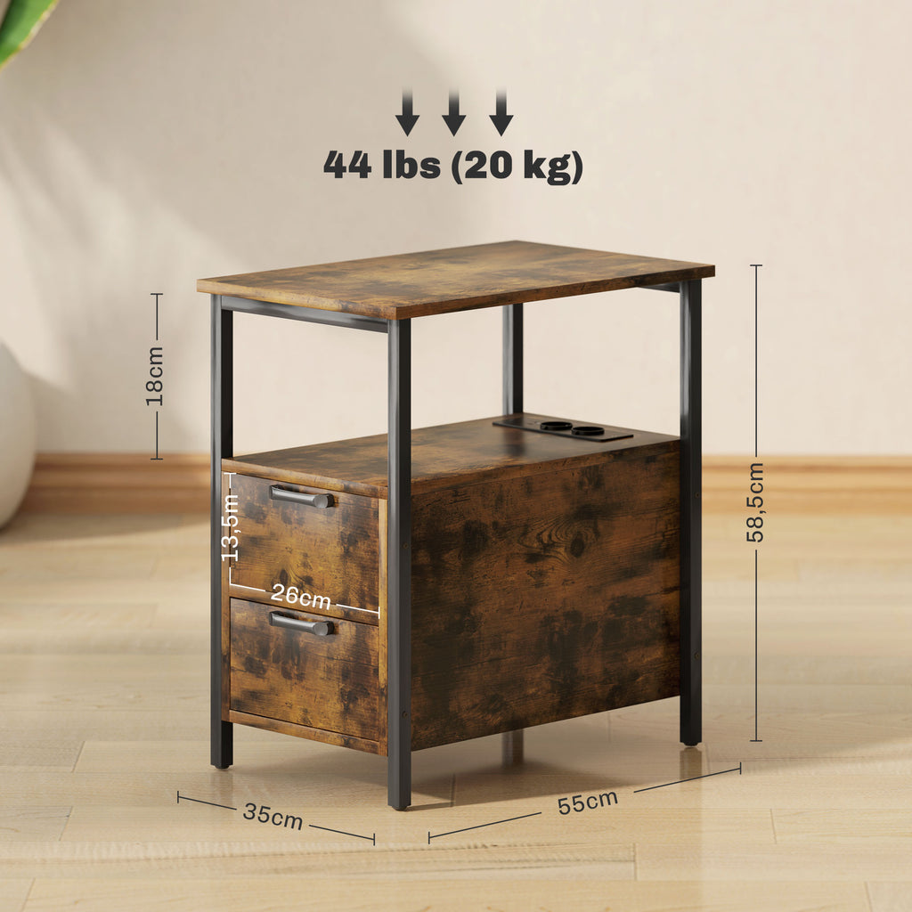 Beistelltisch mit Aufladestation, USB-Anschl¨¹ssen, Steckdosen, 2 Schubladen und Regal f¨¹r Wohnzimmer, Schlafzimmer