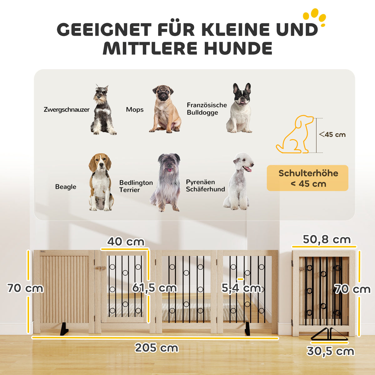 4 Panel Freestanding Pet Gate, Indoor Dog Barrier with Lockable Door, Support Feet, 360° Flexible Hinges, Oak