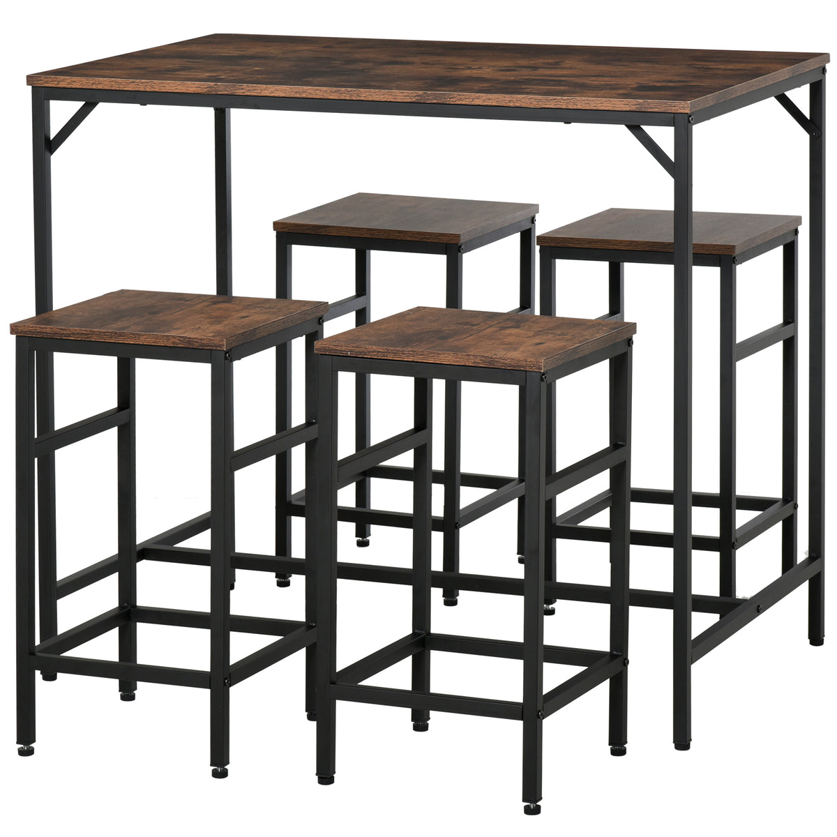 5-Piece Breakfast Bar Table and Stools Set, Kitchen Bar Table Set with High Table and 4 Stools, Space Saving Compact Dining Furniture for Small Spaces, Rustic Brown