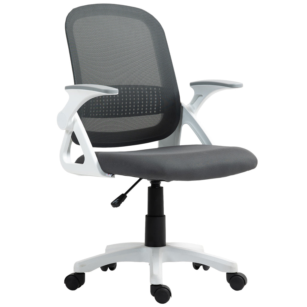 Atmungsaktiver Mesh-Bürostuhl, Ergonomischer Drehstuhl mit klappbaren Armlehnen und Lendenwirbelstütze, Grau